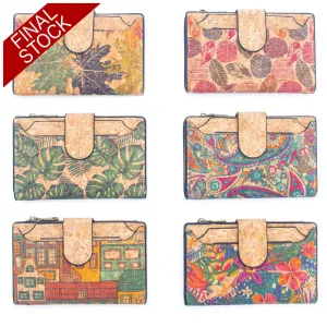 6 Natural Cork card Wallets with Floral Print and Mosaic Patterns (6 Units Pack) HY-014-MIX-6