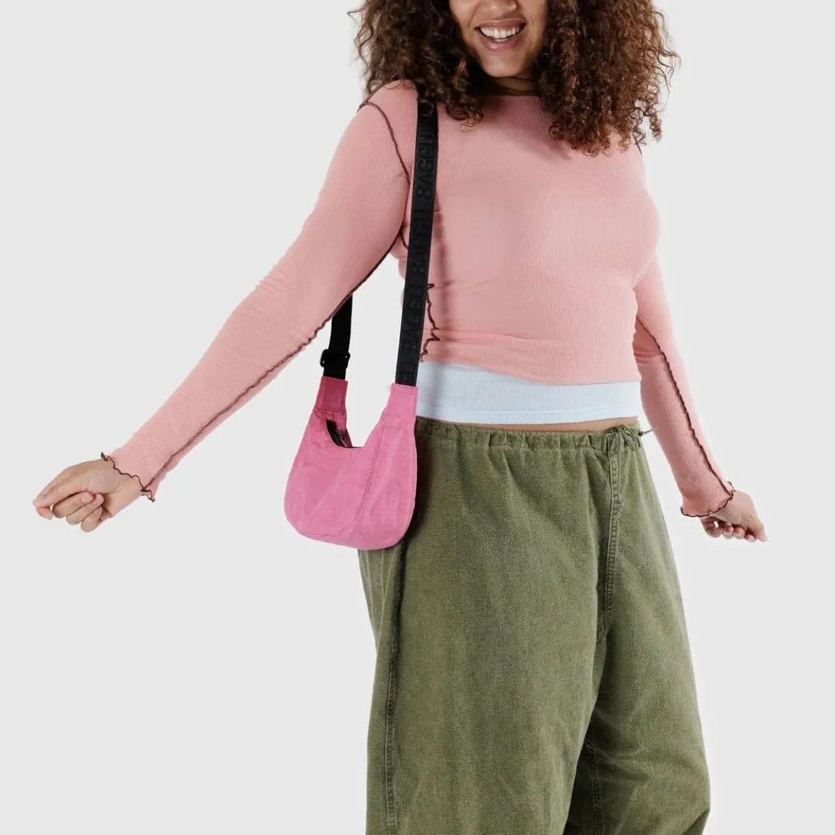 Baggu Small Nylon Crescent Bag in Azalea Pink