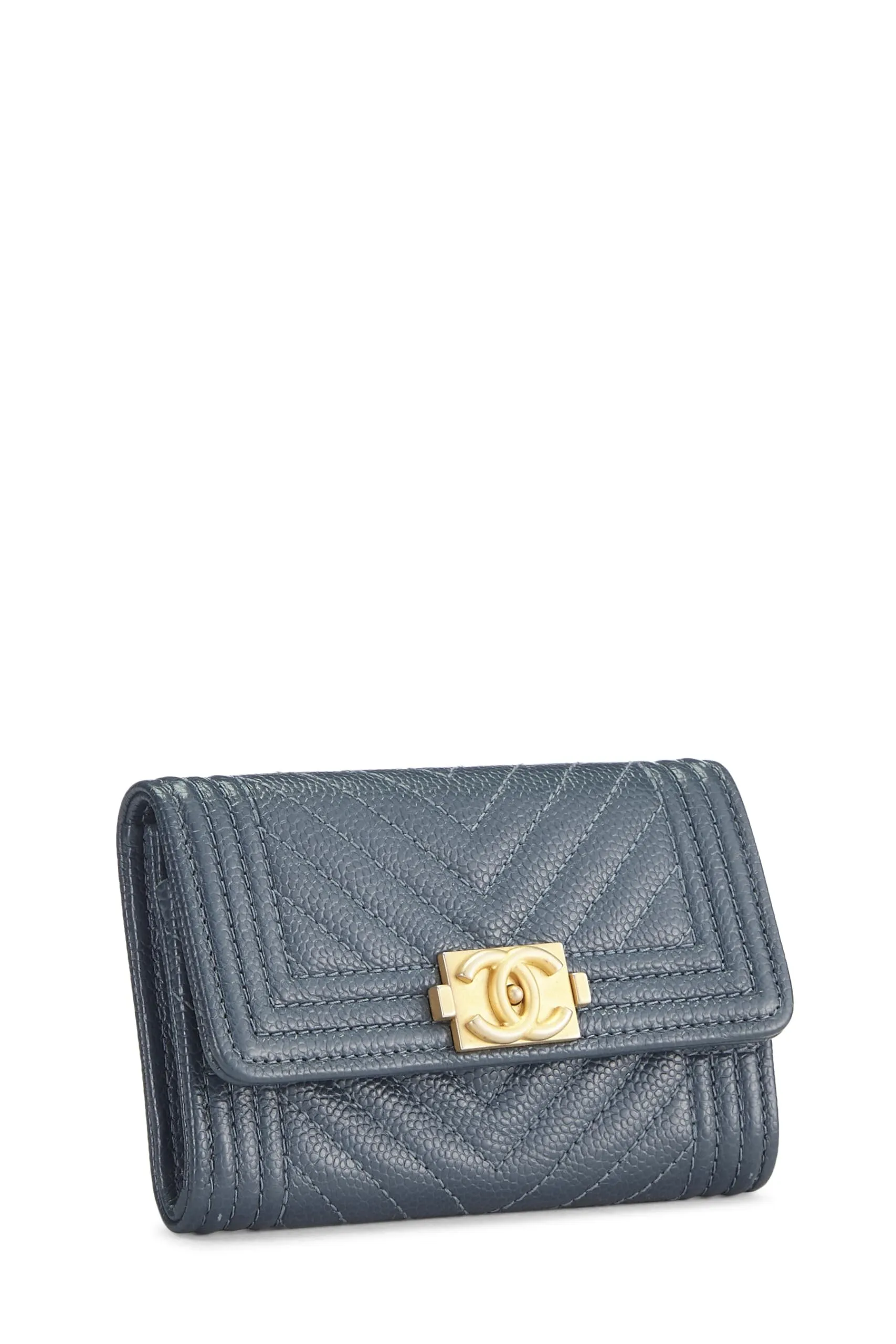 Chanel,  Blue Caviar Chevron Boy Coin Purse, Blue