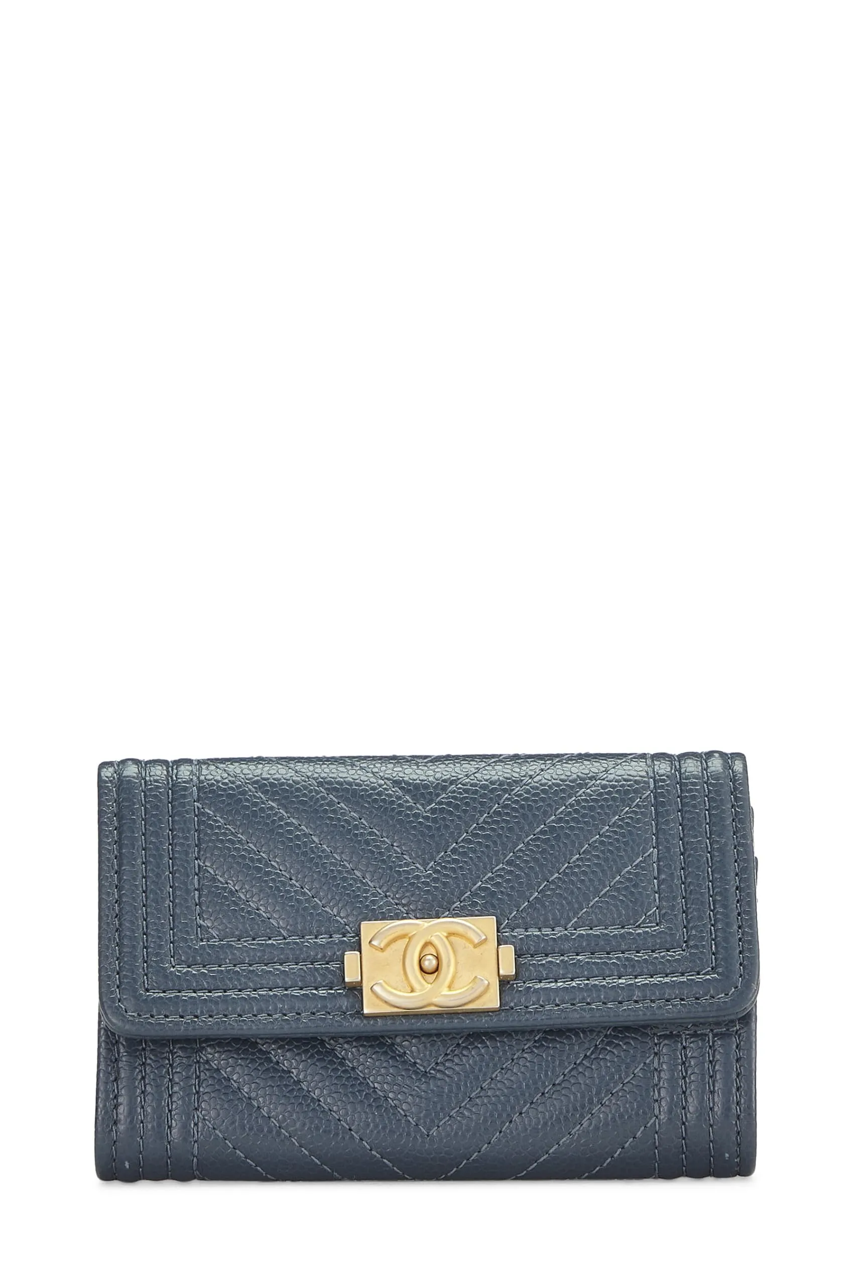 Chanel,  Blue Caviar Chevron Boy Coin Purse, Blue