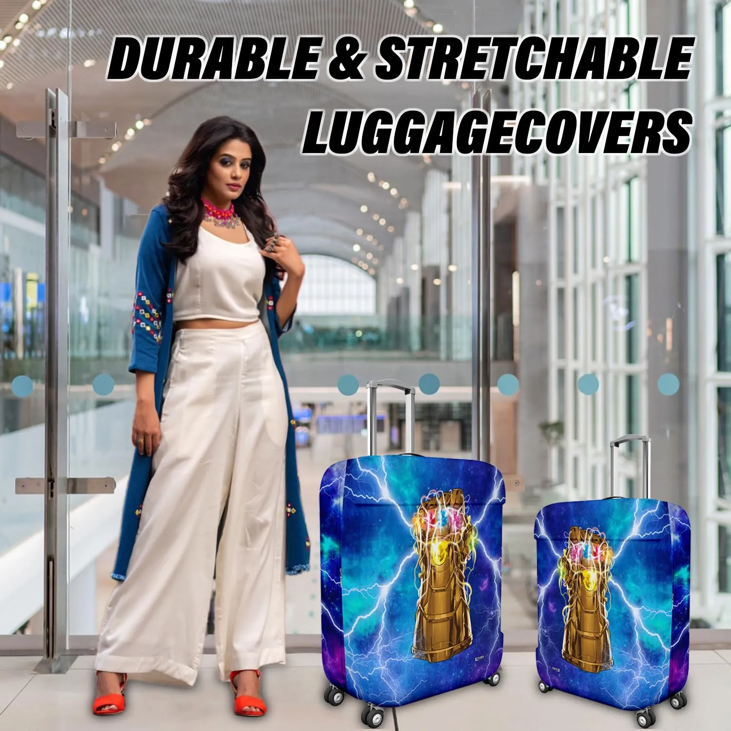 Sky Blue Stretchable Polyester Luggage Cover - Marvel Infinity Gauntlet Design | Washable Suitcase Protector for 26-30 Inch Large Suitcases