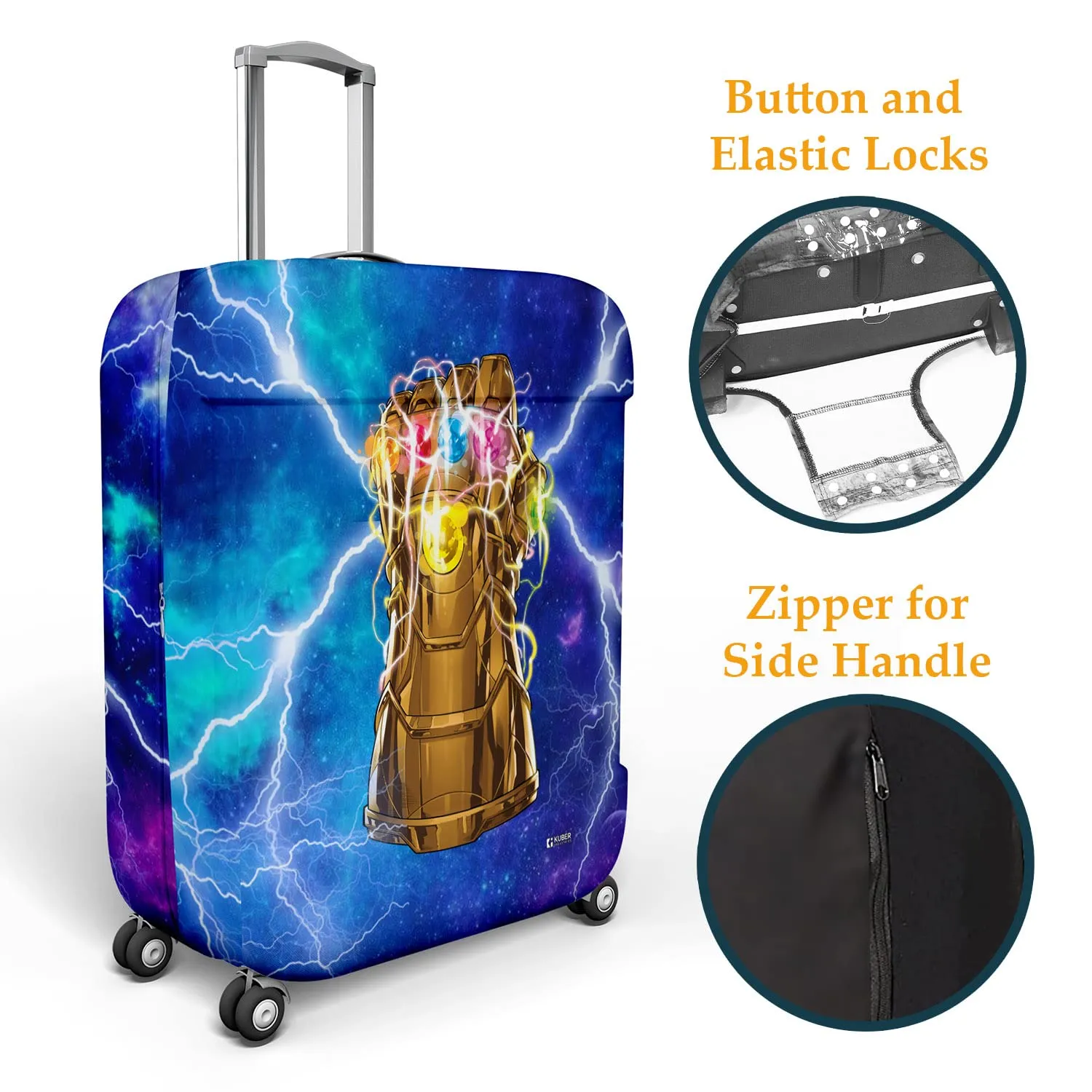 Sky Blue Stretchable Polyester Luggage Cover - Marvel Infinity Gauntlet Design | Washable Suitcase Protector for 26-30 Inch Large Suitcases