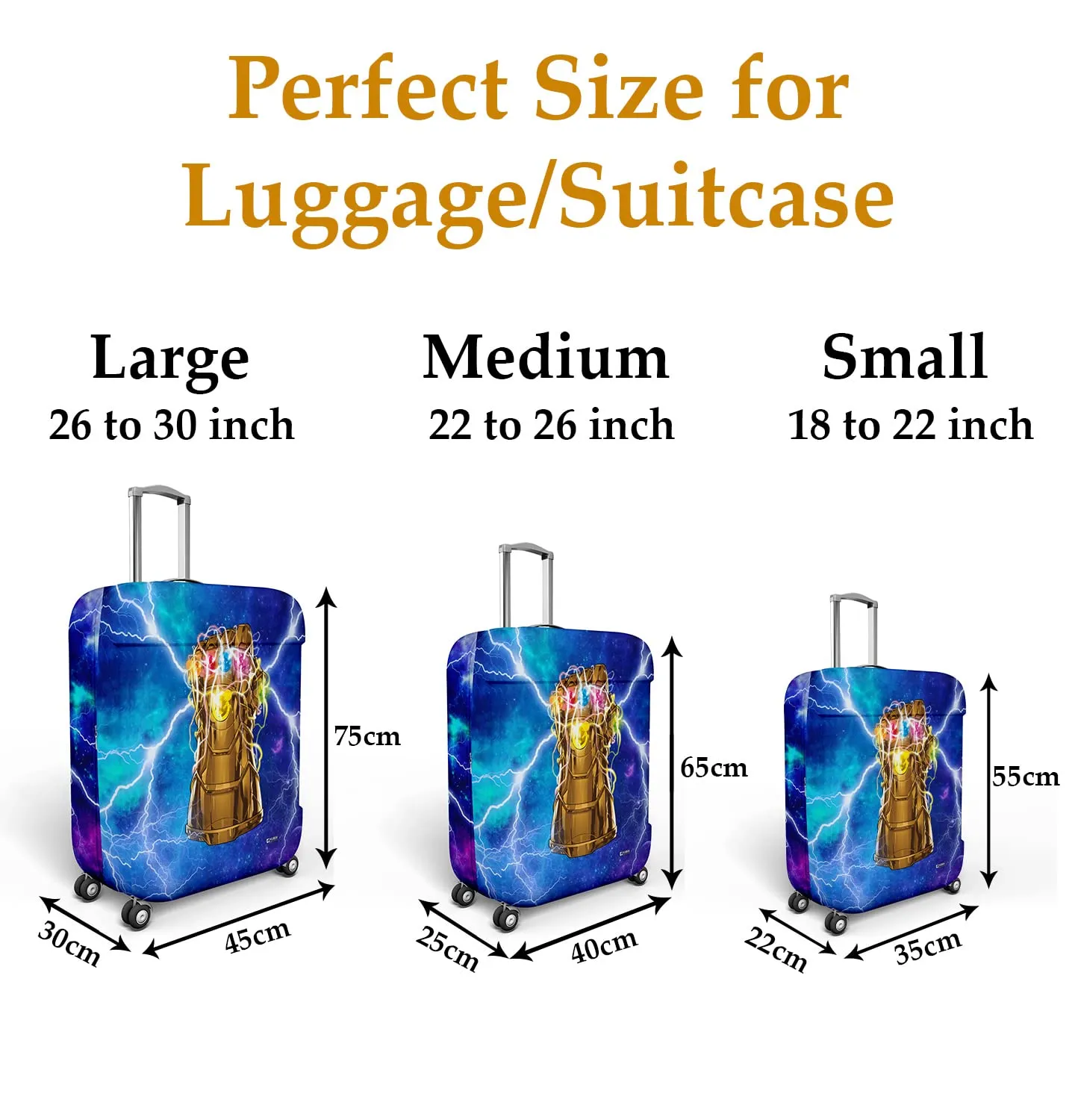 Sky Blue Stretchable Polyester Luggage Cover - Marvel Infinity Gauntlet Design | Washable Suitcase Protector for 26-30 Inch Large Suitcases