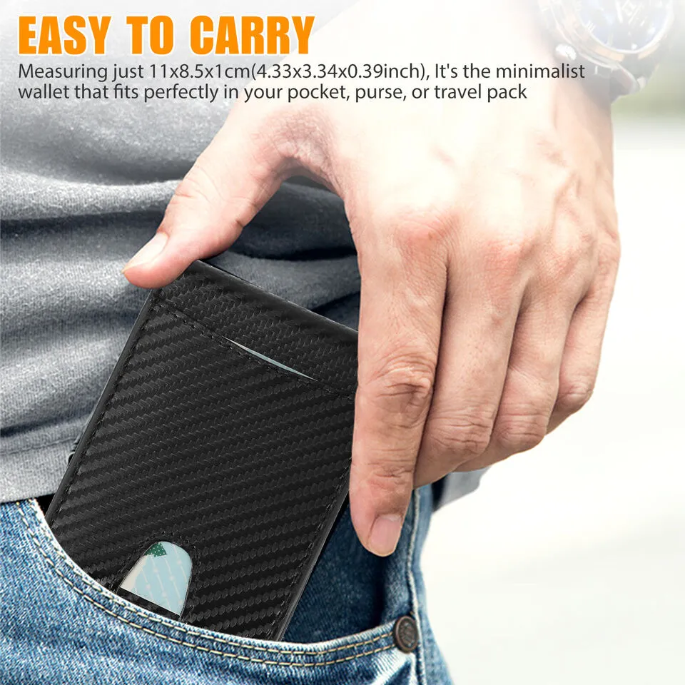 Leather Bifold Slim Men's Wallet Carbon Fiber RFID Blocking Case with Money Clip