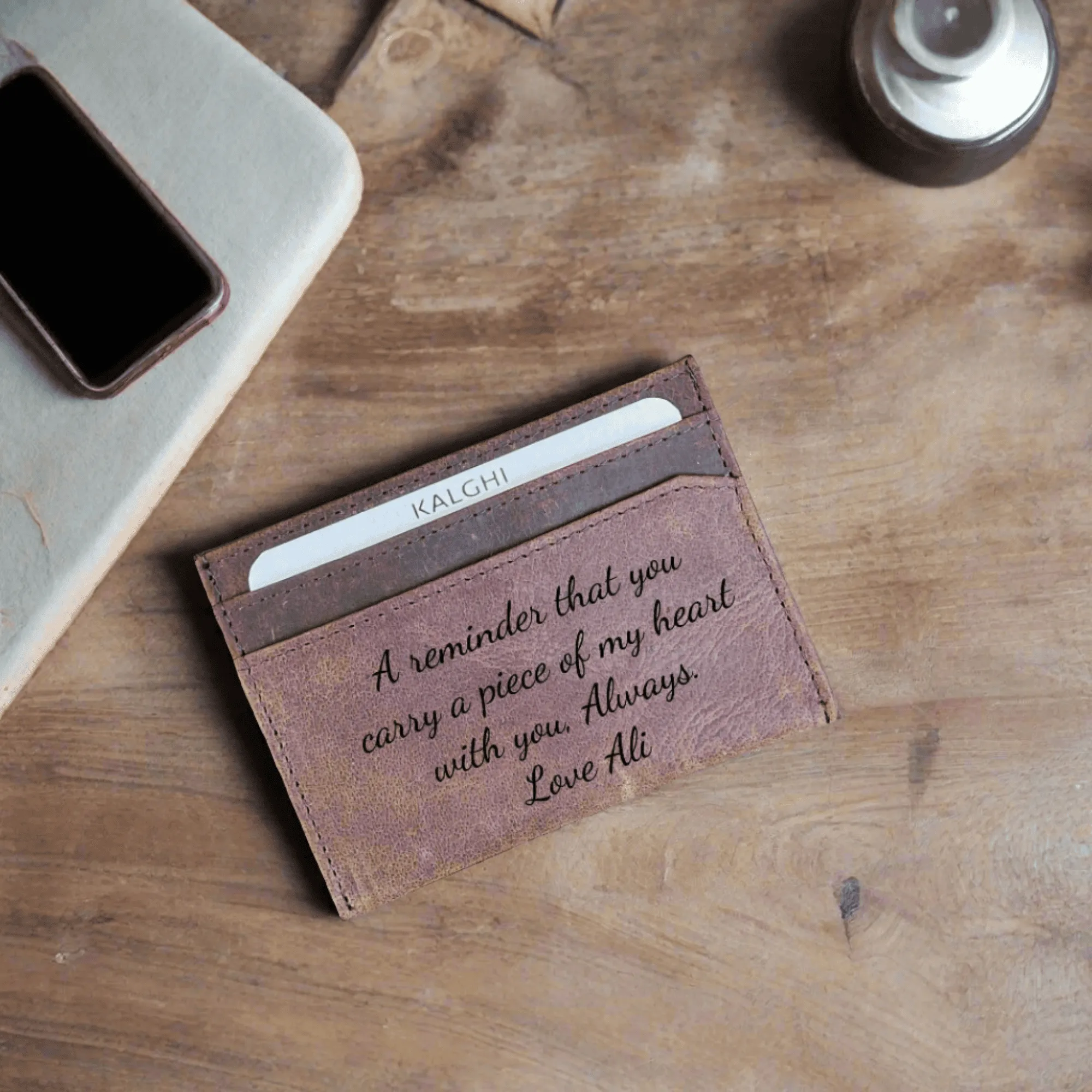 Leather Card Holder with Message and Name - KALGHI