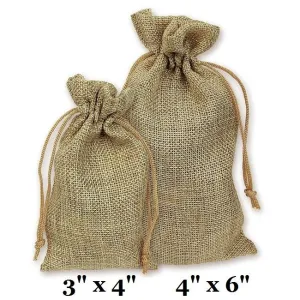 Natural Burlap Fabric Drawstring Bags - 3" x 4" or 4" x 6" -12Bags/Pk
