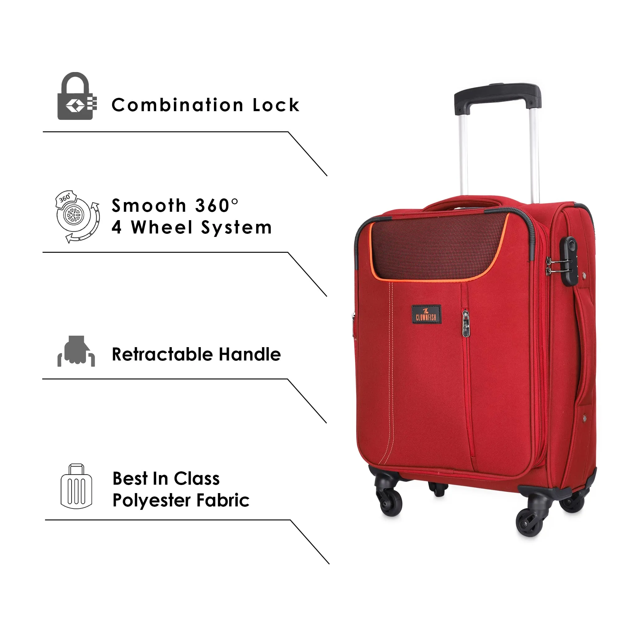THE CLOWNFISH Abraham Luggage Polyester Soft Case Expandable Capacity Suitcase Four Wheel Trolley Bag - Red (57 cm, 22 inch)