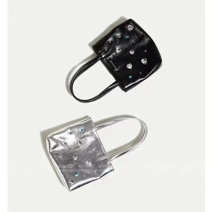 UAKISS  -  Beading Y2k Hand Bag Women 2024 New Heart Rhinestone Pu Leather Handle Shoulder Bag Ladies Fairycore Mini Tote Bags chic