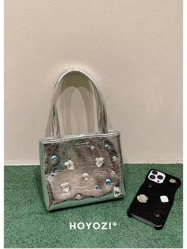 UAKISS  -  Beading Y2k Hand Bag Women 2024 New Heart Rhinestone Pu Leather Handle Shoulder Bag Ladies Fairycore Mini Tote Bags chic